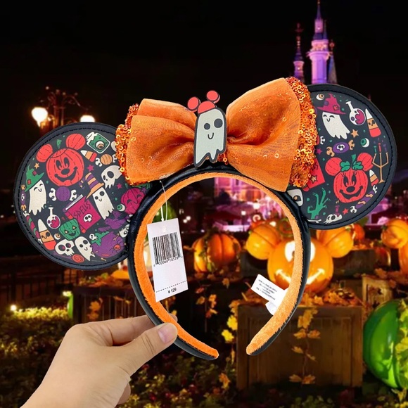 🎃NWT Disney Parks Halloween Mickey Minnie Mouse Ears Sequin Bow Ghost NEW - Picture 2 of 5